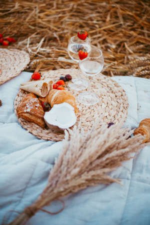 Top view of delicious food. fruit, bread, croissants, melon on a pallet table. Summer picnic with a...