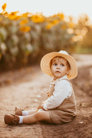 baby boy blond sitting in a field with sunflowers in summer, children's lifestyleの写真素材