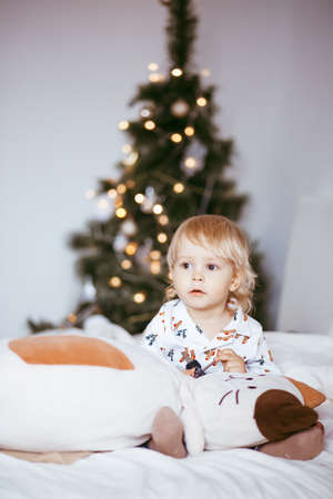 A little boy has fun, plays like a doctor, treats his cat with a toy and puts drops in his noseの写真素材