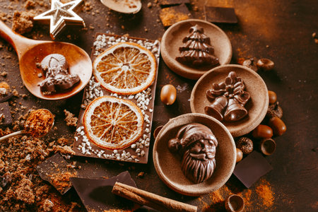 chocolate bar with orange. spices are sprinkled on the surface, orange citron and pieces of dark chocolate on a dark brown background. topview, copyspaceの写真素材