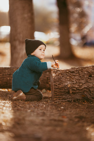 a two-year-old boy in a hat and jacket sits on a log in a Pine forest against the setting sun.の写真素材