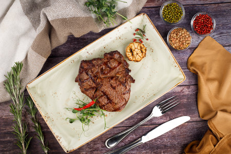 BBQ pork loin meat steak with potato. dark background. top view. copyspace.の写真素材