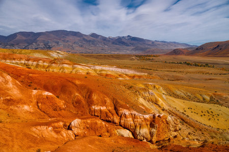 Red mountains in Kyzyl-Chin valley, also called as Mars valley in Altai mountains, Siberia, Russia....