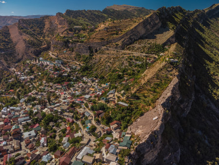 houses of different times in the ancient mountain village of Chokh in Dagestanの写真素材