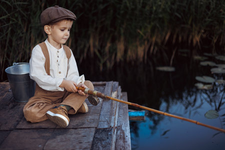 Little boy is fishing at sunset on the lakeの写真素材