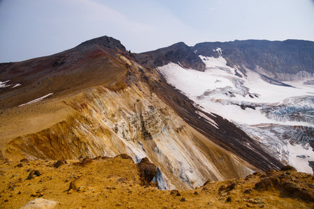 The crater of Mutnovsky volcano. Fumaroles. The active volcano Mutnovsky. Hiking. Kamchatka. 2022の写真素材