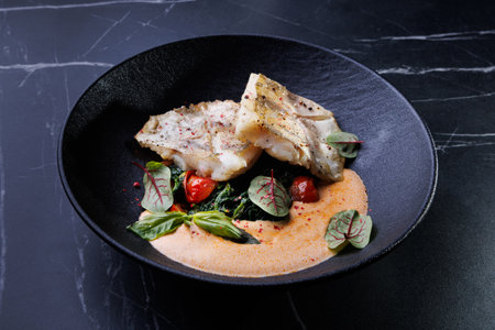 Fish dish: fried cod with spinach and capers in saffron sauce on a marble table
