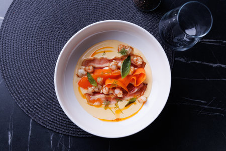 Creamy Shrimp and Bacon Soup with Carrot Ribbons, Herbs, and Delicate Sauceの写真素材