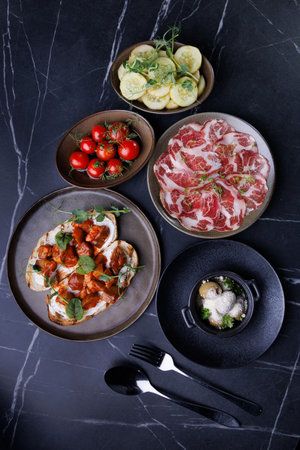 Vibrant Spread of International Dishes on a Rustic Wooden Table, Showcasing a Variety of Flavors