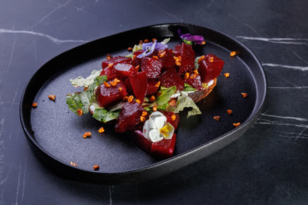 Beet Salad on Crisp Greens with Edible Flowers Arranged on a Dark Plate,Artful Presentation