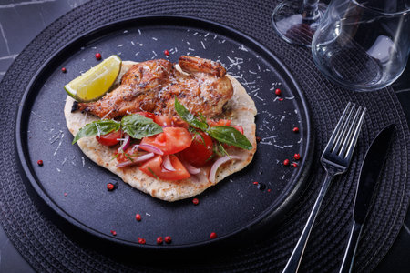 Roasted Chicken on Flatbread With Tomato Salad, Lime Wedge, and Fresh Herbsの写真素材