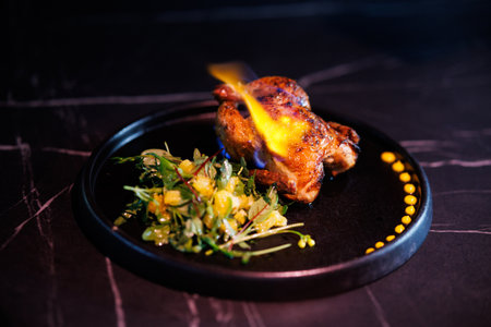 Roasted Chicken Leg Plate with Fresh Greens and Sauces on Dark Marble Table for Dinnerの写真素材