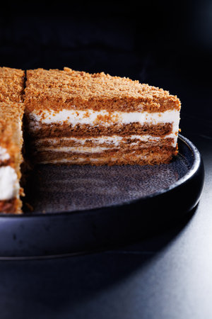 a chocolate cake seen from a side view