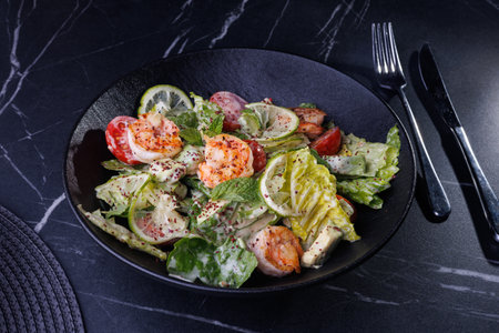 Gourmet Shrimp And Citrus Salad On Black Plate For Elegant Dinner Table Settingの写真素材