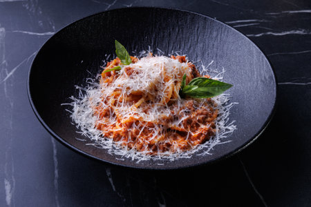 Pasta con Salsa di Pomodori - Pasta with Tomato Sauce: Classic pasta in a rich tomato sauce, seasoned with basil and garlic for a simple yet satisfying dish.の写真素材