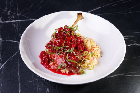 Gourmet Lamb Shank With Cranberry Sauce On Creamy Risotto Plateの写真素材