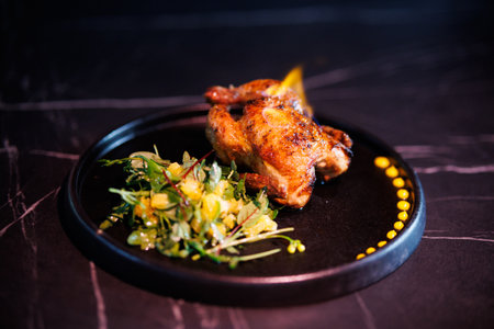 Roasted Chicken Leg Plate with Fresh Greens and Sauces on Dark Marble Table for Dinnerの写真素材