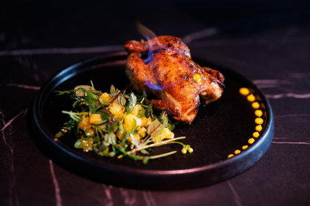 Roasted Chicken Leg Plate with Fresh Greens and Sauces on Dark Marble Table for Dinner