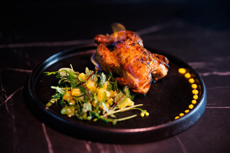 Roasted Chicken Leg Plate with Fresh Greens and Sauces on Dark Marble Table for Dinner