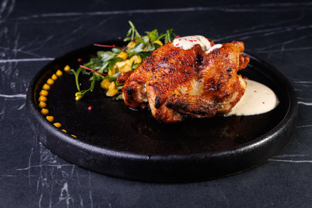 Roasted Chicken Leg Plate with Fresh Greens and Sauces on Dark Marble Table for Dinnerの写真素材