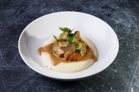 Gourmet Plate With Creamy Puree, Tender Meat, And Herb Garnish On Dark Tableの写真素材