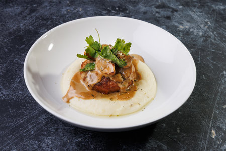 Gourmet Plate With Creamy Puree, Tender Meat, And Herb Garnish On Dark Tableの写真素材