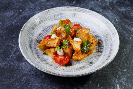 Gourmet Roasted Potatoes With Cherry Tomatoes And Fresh Herbs On A Ceramic Plate