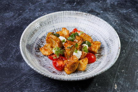 Gourmet Roasted Potatoes With Cherry Tomatoes And Fresh Herbs On A Ceramic Plateの写真素材