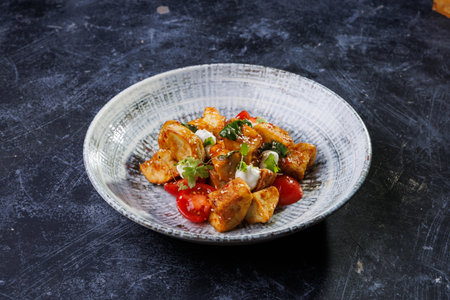 Gourmet Roasted Potatoes With Cherry Tomatoes And Fresh Herbs On A Ceramic Plateの写真素材