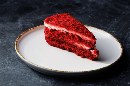 Red Velvet Cake Slice on White Plate With Creamy Frosting and Rich Cocoa Flavorの写真素材