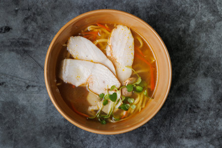 A comforting bowl of chicken noodle soup featuring sliced chicken, tender noodles, carrot ribbons,...