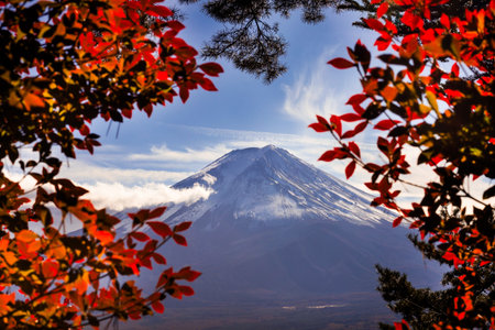 Bright autumn scene of Mount Fuji framed by red foliage, with sunburst through branches. A crisp...