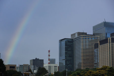 A cluster of modern skyscrapers dominates the skyline, featuring glass facades and steel frames. Foreground trees add color, creating a striking contrast between urban architecture and nature.の写真素材