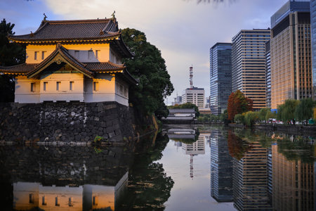 A historic Japanese castle gate sits on a stone moat, bathed in warm sunset light. Reflections ripple in the calm water, enhancing the tranquil scene of traditional architecture and surrounding trees.の写真素材