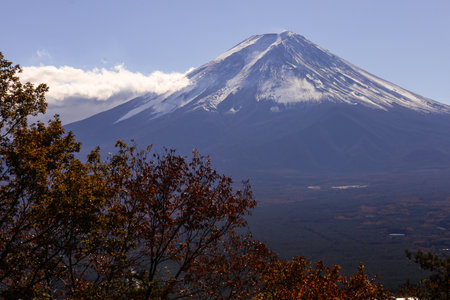 A majestic snow-covered volcano rises above a dark, forested valley. Clear blue sky and scattered clouds frame the peak, evoking rugged nature, travel allure, and alpine scenery suitable for landscape and adventure themes.の写真素材