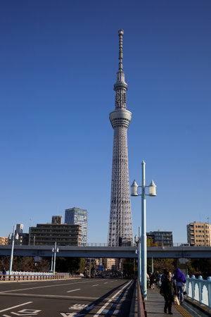 A towering lattice structure of Tokyo Skytree rises above the city, set against a crisp blue sky. Modern, iconic engineering represents Tokyo's urban energy and futuristic design.の写真素材