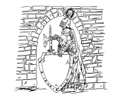 Knight with a halberd axe and spearhead in the arch of the castle gate. Vectorのイラスト素材