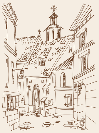 Old town and church on the town workshop and the cobbler's shop in the town square. Vector illustration.のイラスト素材