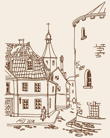 View of the ancient streets of the old town of Riga with a round tower and Cathedral in the distance. Vector.のイラスト素材