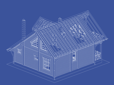 The author's project. blueprint of a wooden house from glued profiled beam with the rafters on the roof. Vector.のイラスト素材