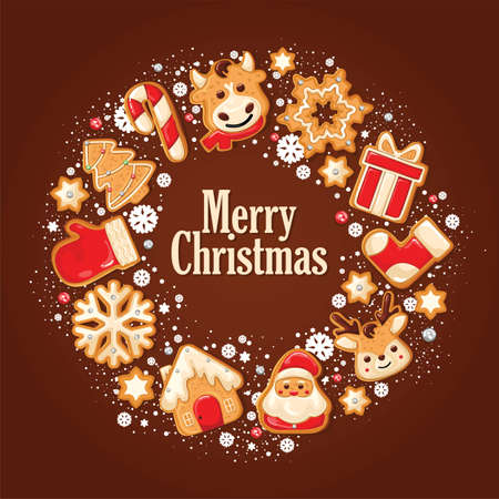 Christmas gingerbread cookies in a round shape, for use as a poster or background. Decorated with snow, snowflakes and beads. Vector illustrationのイラスト素材