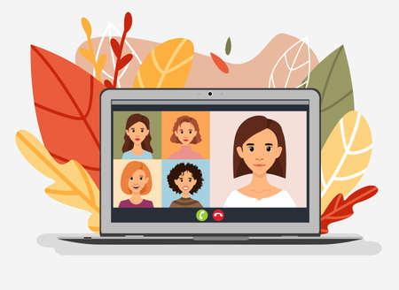 Work colleagues talk to each other on the laptop screen. Online conference. Video conference calling, work from home.のイラスト素材