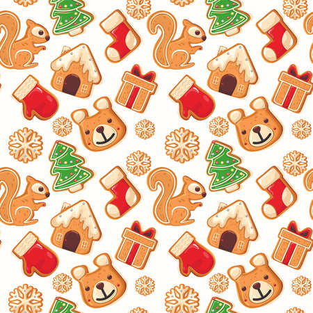 Cute gingerbread cookies seamless pattern. Perfect for wallpapers, textiles, backgrounds, wrapping paper. Template design. Holiday New Year Christmas. Vector. Sweet Christmas. Gifts for children. Box.のイラスト素材