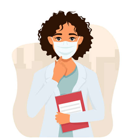 Female doctor in a medical mask. Against the background of an abstract city. Indicates a mask.のイラスト素材