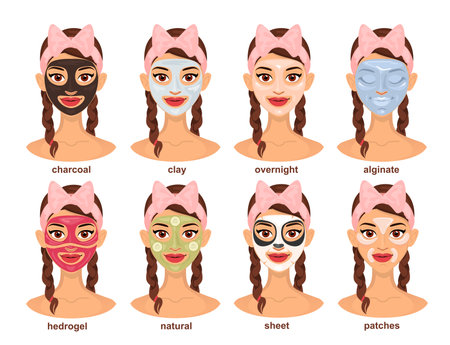 Set of young beautiful woman in different types of face masks. Skin care, tightening and moisturizing. Various spa treatments for facial skin.のイラスト素材