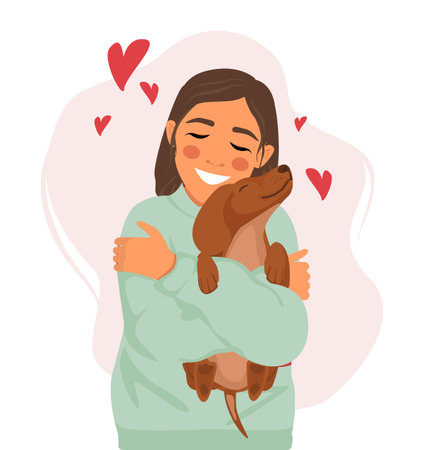 Happy smiling woman loves and hugs a dachshund dog. Love to the animals.のイラスト素材