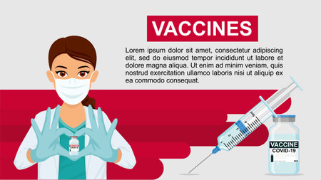 Concept a woman doctor in a mask shows her heart with her hands and holds a vaccine against coronavirus. Suitable banner, flyer. Vaccination of people.のイラスト素材