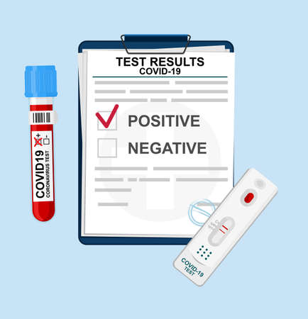 Form with test results for coronavirus from a medical laboratory. Diagnosis of coronavirus by blood from a test tube. covid-19 test results.のイラスト素材