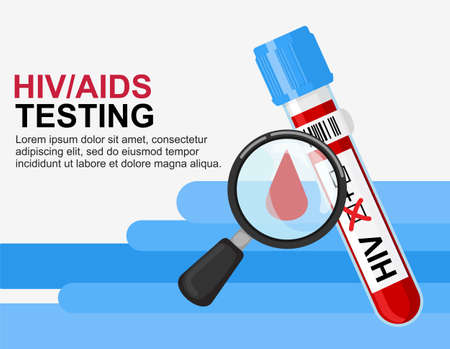 Blood test concept HIV test. World AIDS Day 1 December. Test tube with blood and positive test and magnifying glass. vectorのイラスト素材