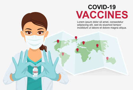 A woman doctor in a mask shows her heart with her hands and holds a vaccine against coronavirus. Suitable banner, flyer. Vaccination of people. Coronavirus Covid-19 concept.のイラスト素材